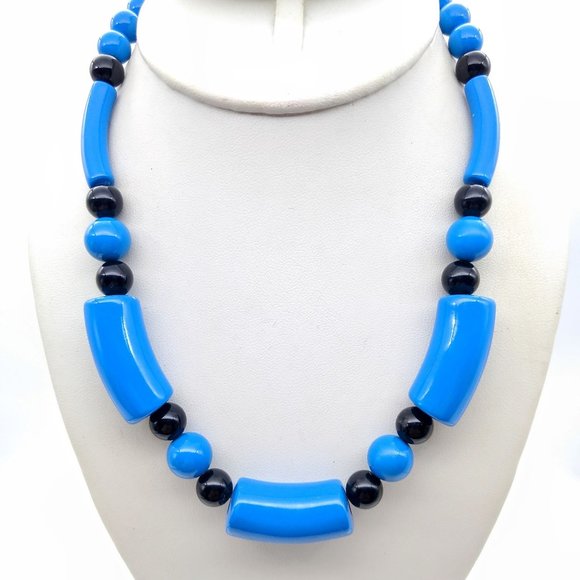 Retro 80s Bright Lucite Necklace, Vintage Black and Blue Beads in Fun Shapes - Picture 1 of 3